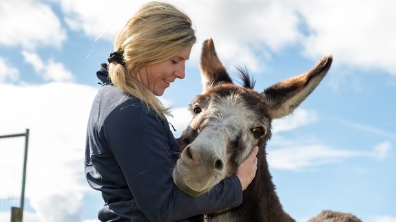 A women lovingly holding a white and brown donkeys face