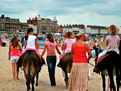 Donkeys with children riding them on beach.