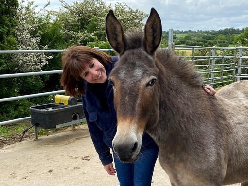 An equine behaviourist stood next to a brown mule