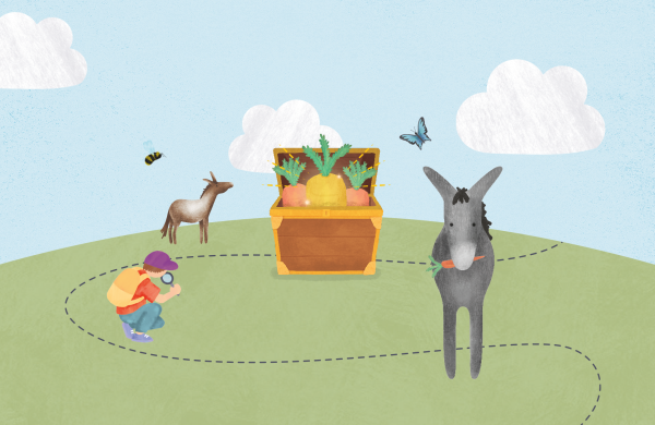 illustrated donkey and treasure chest